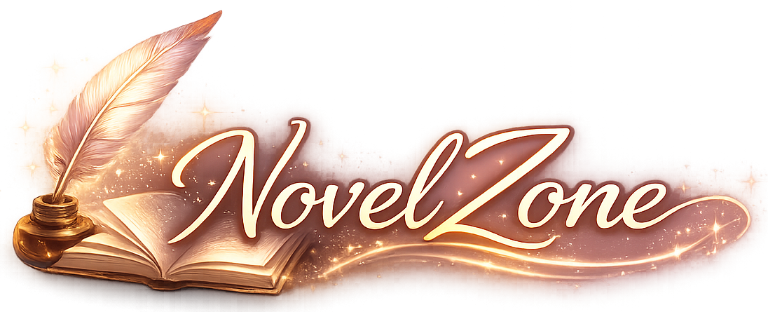 Attractive NovelZone logo with glowing book and quill icon on transparent background representing reading and storytelling website