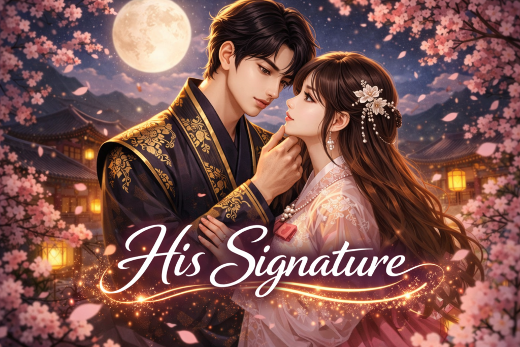 Korean fantasy romance couple in traditional hanbok under moonlight with cherry blossoms and palace background, featuring the title "His Signature" in glowing cursive text.