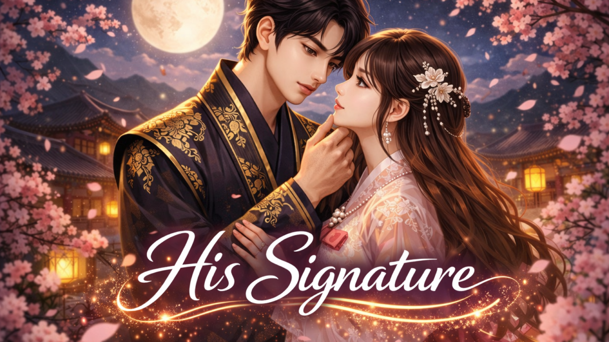 Korean fantasy romance couple in traditional hanbok under moonlight with cherry blossoms and palace background, featuring the title "His Signature" in glowing cursive text.