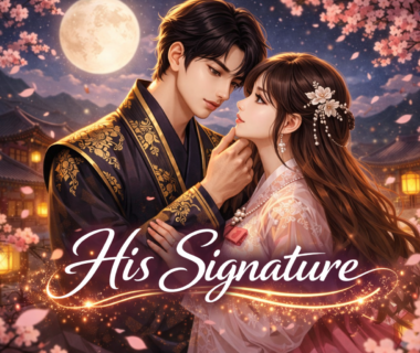 Korean fantasy romance couple in traditional hanbok under moonlight with cherry blossoms and palace background, featuring the title "His Signature" in glowing cursive text.