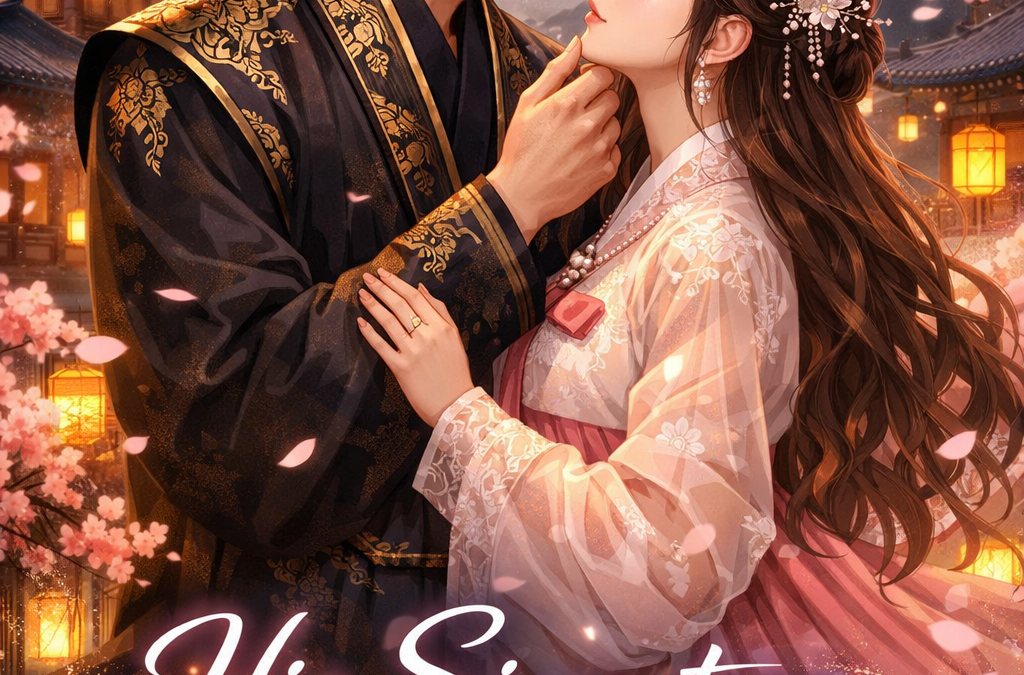 Korean fantasy romance couple in traditional hanbok under moonlight with cherry blossoms, featuring the title "His Signature" in elegant glowing text