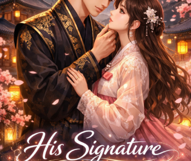 Korean fantasy romance couple in traditional hanbok under moonlight with cherry blossoms, featuring the title "His Signature" in elegant glowing text