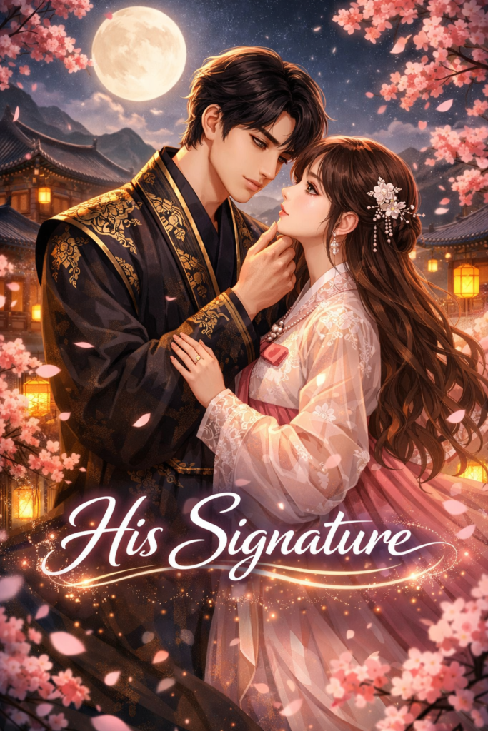 Korean fantasy romance couple in traditional hanbok under moonlight with cherry blossoms, featuring the title "His Signature" in elegant glowing text